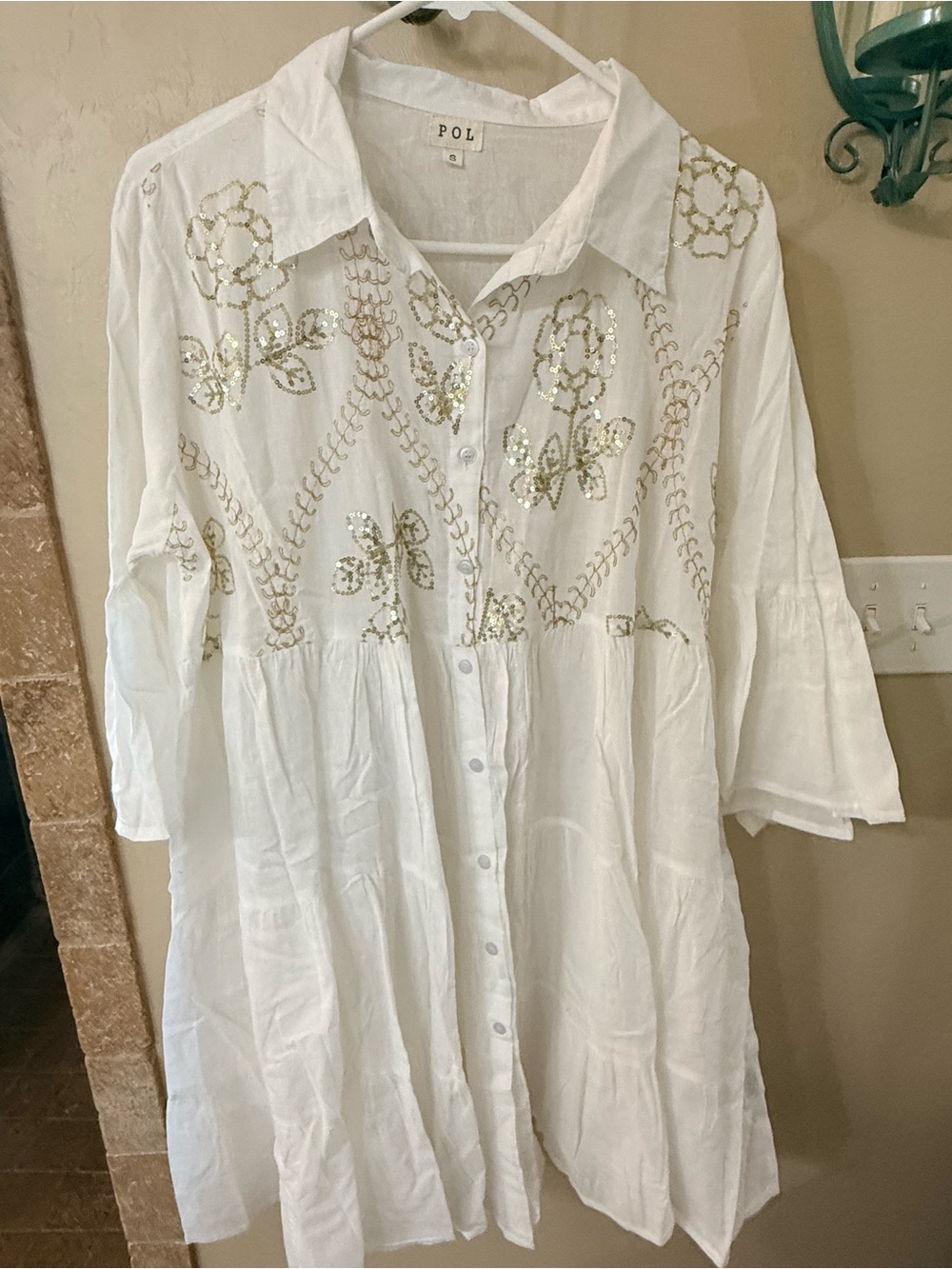POL White Tiered Mini Dress with Gold Sequin Embroidery NWOT. PTP 24